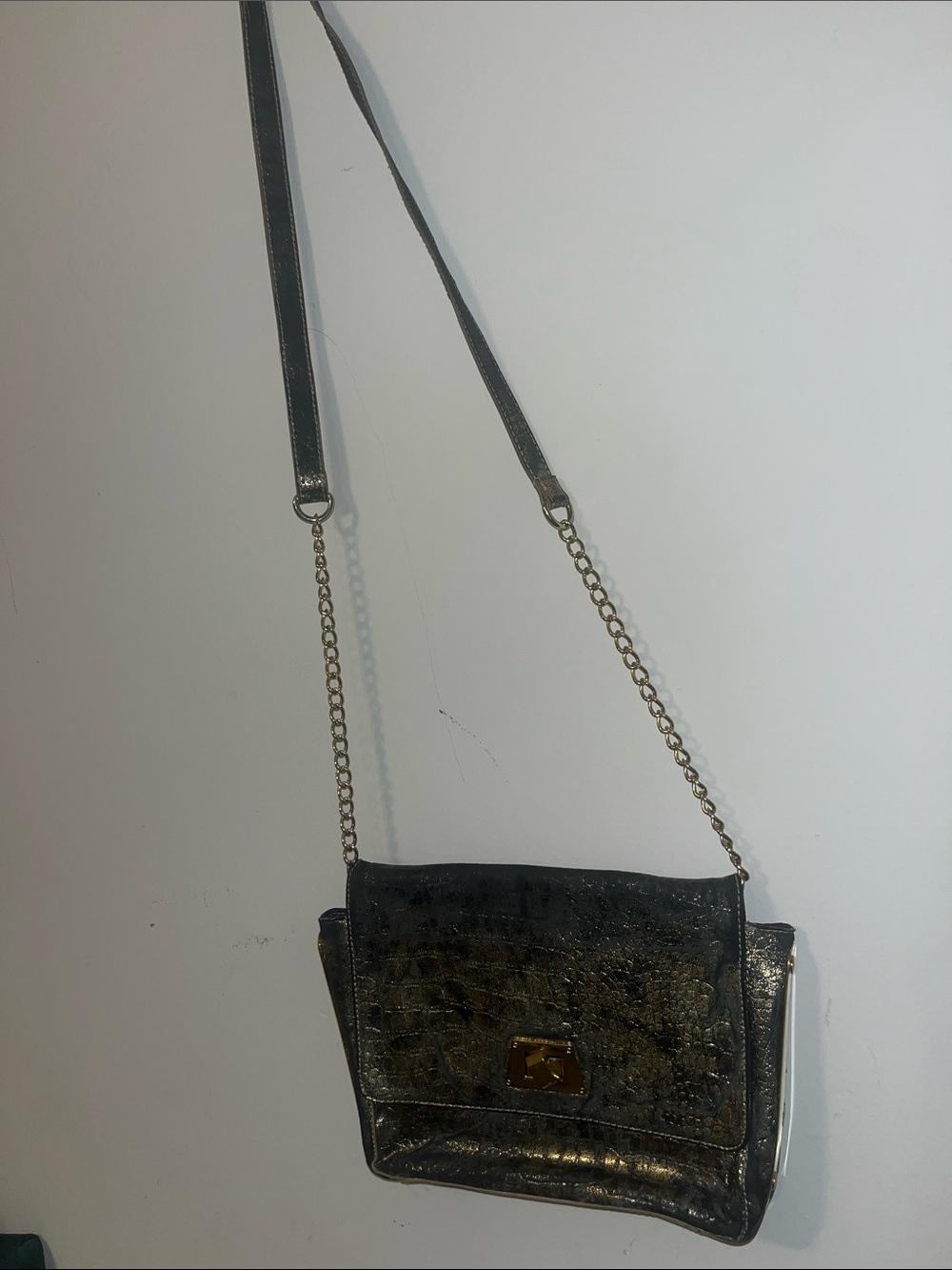 Vintage Metallic Black and Gold Crossbody Bag with Chain Strap